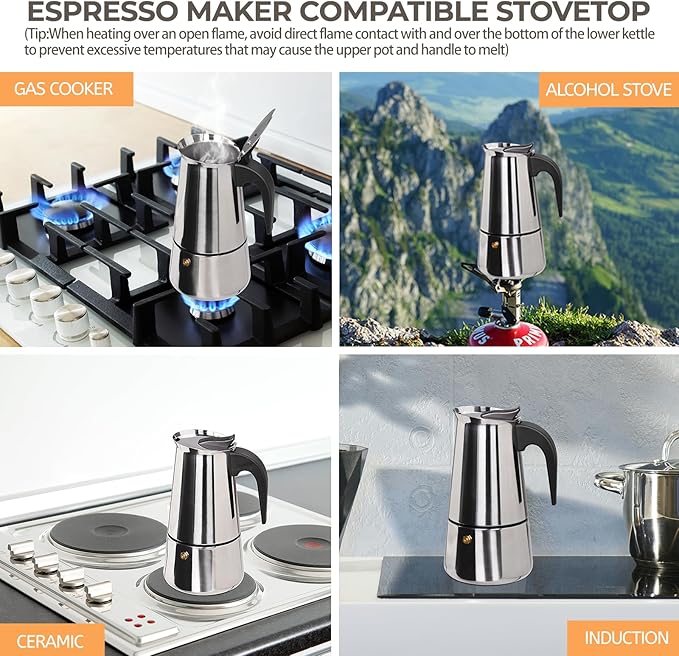 12 Cup 600ml Moka Pot Stainless Steel Espresso Coffee Maker Stovetop Coffeemaker Italian Classic Style Brewing Greca Cafe Mocha Machine for Cafeteras Lover Camping Travel and Home Use 20oz