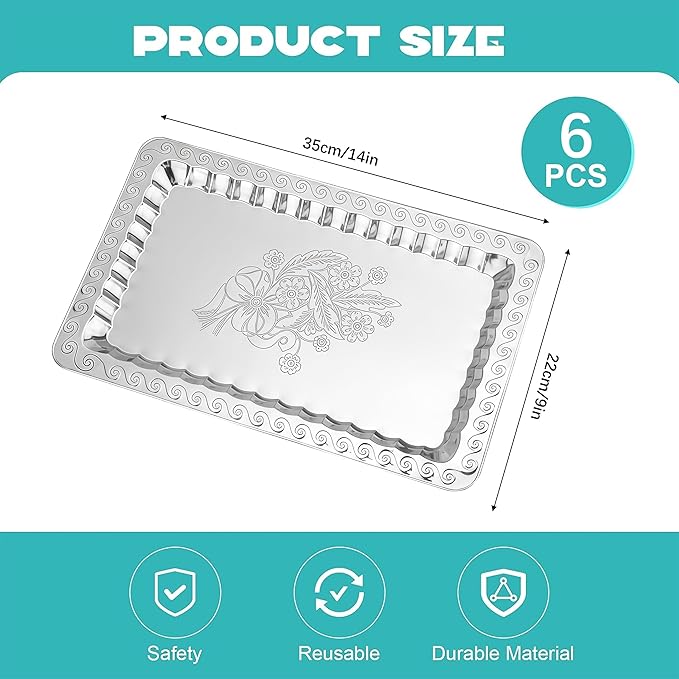 6-Pack Silver Serving Trays Set (14" x 9") – Swirl Floral Engraved Serving Platters for Parties, Weddings, Birthdays, Festive Occasions – Mirror Trays for Charcuterie, Cookies, Desserts, Snacks, Fruit