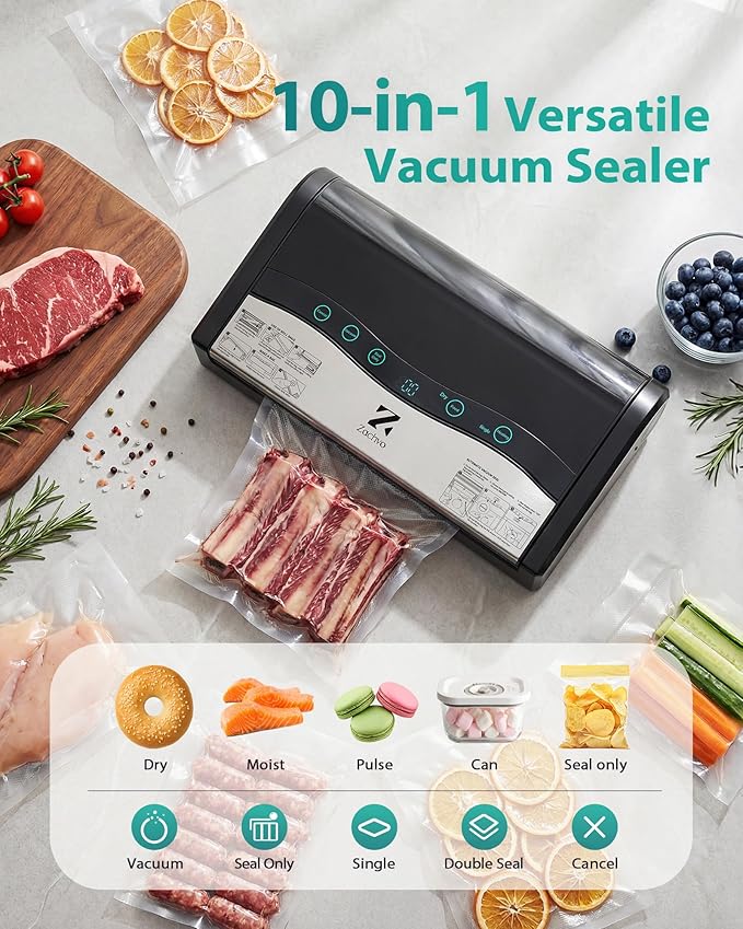 90kPa 10-in-1 Vacuum Sealer for Food, Double Heat Seal for for Bulk Meat Portioning, Dry & Moist Modes, Built-in Cutter and Bag Storage, Starter Kit with Bag Rolls and Hose, Black