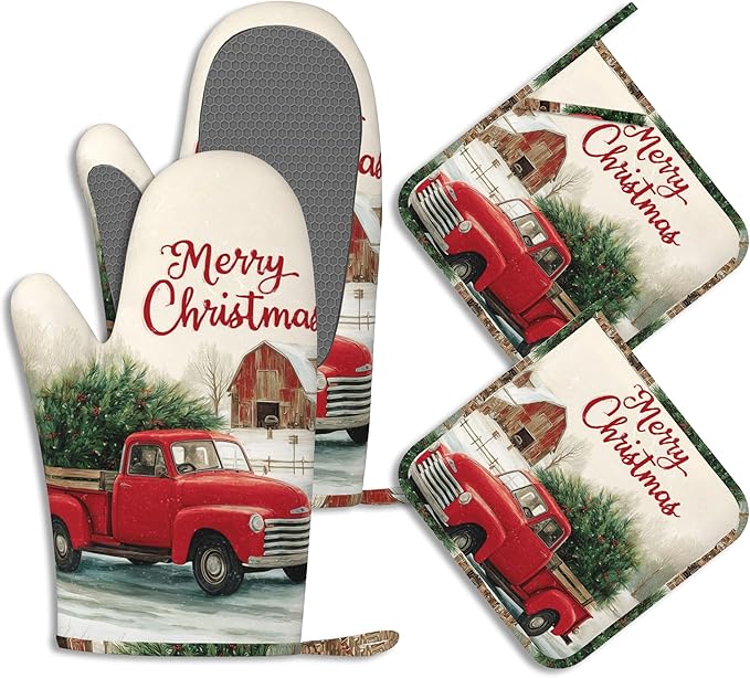 Red Truck Tree Pot Holders and Oven Mitts Set Silicone Winter Merry Christmas Kitchen Gloves Potholders Heat Resistant Washable,Chef Cooking Baking Gifts for Women Men Bakers Lover Cooks