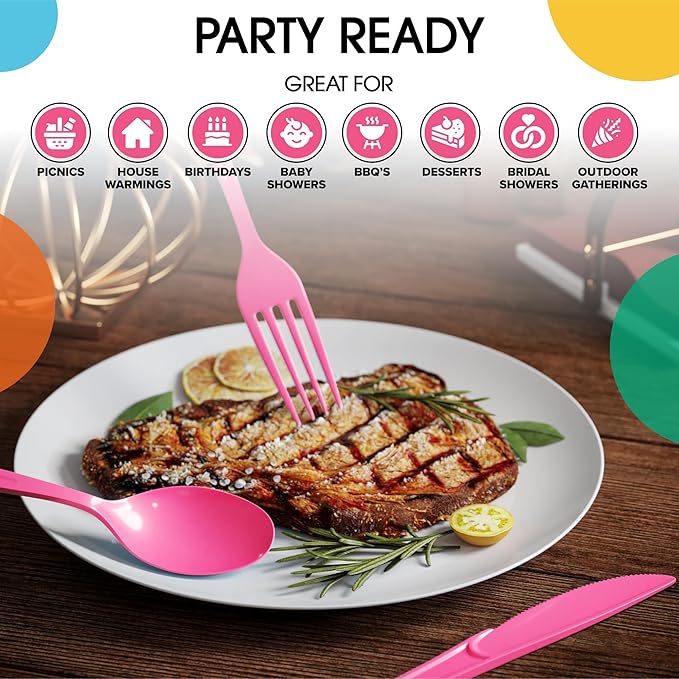 Party Solids Hot Pink Plastic Silverware Heavy Duty 150 Pieces Hot Pink Plastic Cutlery Sets, Utensil Sets, 50 Of Each Forks, Knives & Spoons Disposable Cutlery Set, Flatware Set For Party Supplies