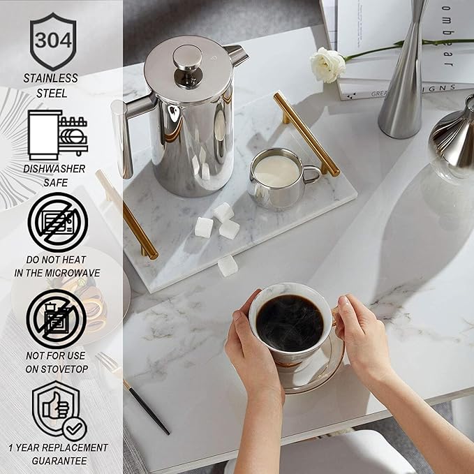 Small French Press Stainless Steel Coffee Maker 21oz(3 Cups), Double Wall Insulated for Hot& Cold Brew, Compact Coffee& Tea Press for Camping, Office, Travel with 3 Ultra-Fine Filters & Spoon- Silver