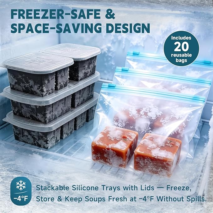 4 Pack Silicone Freezer Trays with Lid - Multi-Size 1-Cup & 2-Cup Portions, Food-Grade Silicone Freezer Molds for Soup & Meal Prep - Large Freezer Storage Containers, Oven & Dishwasher Safe - Black