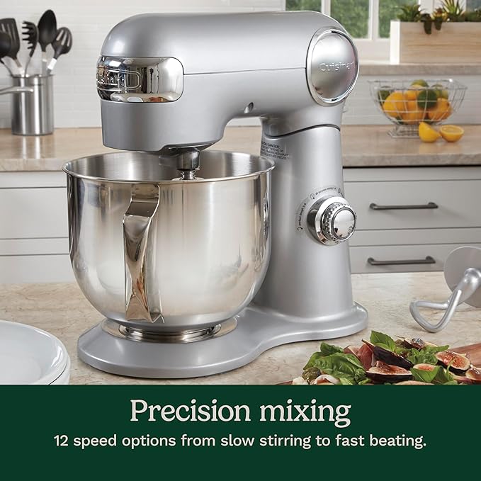 Cuisinart Stand Mixer, 12 Speeds, 5.5-Quart Mixing Bowl, Chef's Whisk, Flat Mixing Paddle, Dough Hook, and Splash Guard with Pour Spout, Silver Lining, SM-50BCNAS, Silver Lining