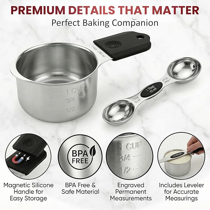 16-Pcs Measuring Cups & Magnetic Spoons Set with Leveler, Food-Grade Stainless Steel, Stackable Design, Silicone Handles, Precise Metal Measuring Cups and Spoons Set for Cooking & Baking (Black)
