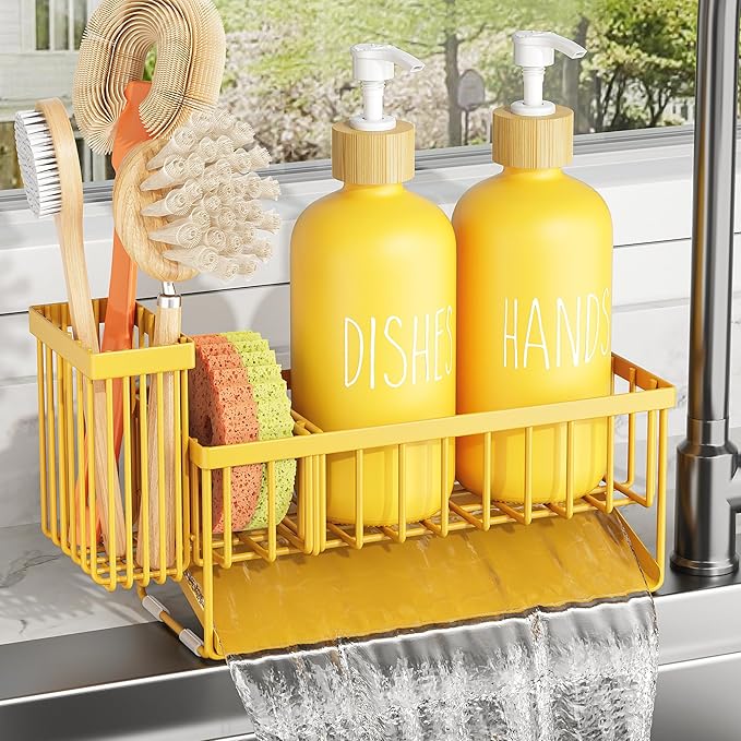Cisily Yellow Dish Soap Dispenser Set, 16 fl Oz Dual Kitchen Soap Dispensers with Sponge Holder, Customized Stainless Steel Kitchen Soap Dispenser Set, Lemon Kitchen Decor and Accessories