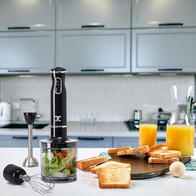 Moss & Stone Electric Hand Blender Set, 300W Immersion Hand Blender with Whisk and Chopper, Stainless Steel Shaft and Blades, 2-Speed Handheld Mixer with Ergonomic Grip, Black