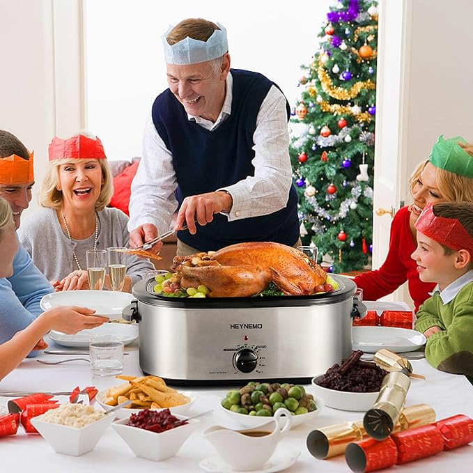 Roaster Oven, 20Qt Turkey Roaster Oven with Self-Basting Lid, 1450W Electric Roaster Pan with Cool-Touch Handles, Stainless Steel with Removable Pan and Rack, Silver