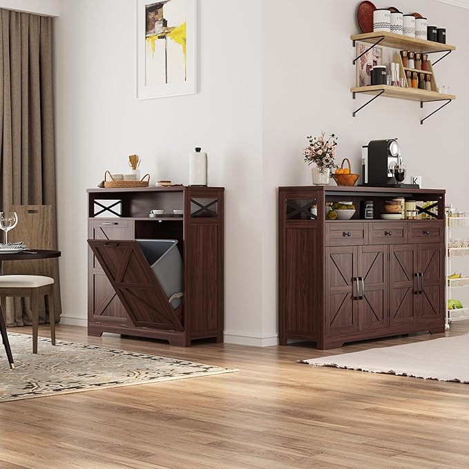 Befrases Double Tilt Out Trash Can Cabinet for 13 * 2 Gallon Garbage Can, Farmhouse Kitchen Garbage Trash Bin for Hidden Laundry Basket, Dual Dog Proof Recycling Cabinet for Living Room, Dark Brown