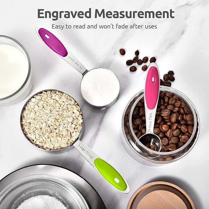 U-Taste 18/8 Stainless Steel Measuring Cups and Spoons Set of 10 Piece, Upgraded Thickness Handle (Multicolors) and 1.5oz Heat-Resistant Angled Turkey Baster with Cleaning Brush (Aqua Sky)