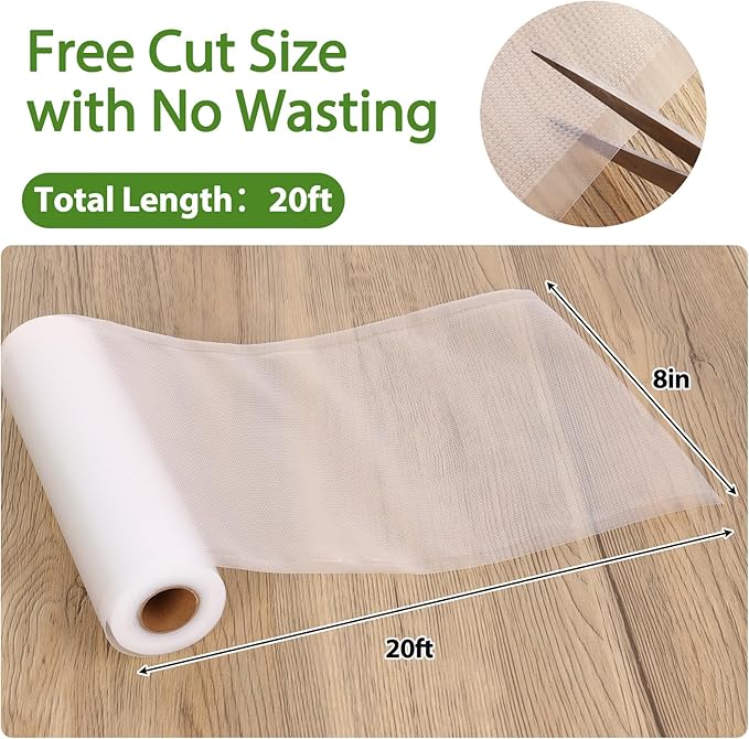 Moretoes Vacuum Sealer Bags, 6 Rolls 8" x 20' Food Vac Bags for Food Storage Saver, Commercial Grade Bag Rolls, BPA Free, Customized Size Bag for Sous Vide Cooking or Meal Prep