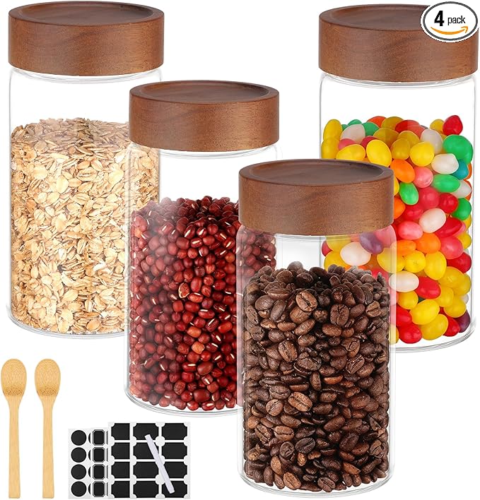 Glass Jars with Airtight Lid, 4 Pack 19oz Glass Jars with Wood Lids, Screw Top Kitchen Panrty Storage Canister for Sugar, Coffee, Tea, Oat, Cereal, Candy, Cookie - 3.1 x 5.9 inch Spice Bottle