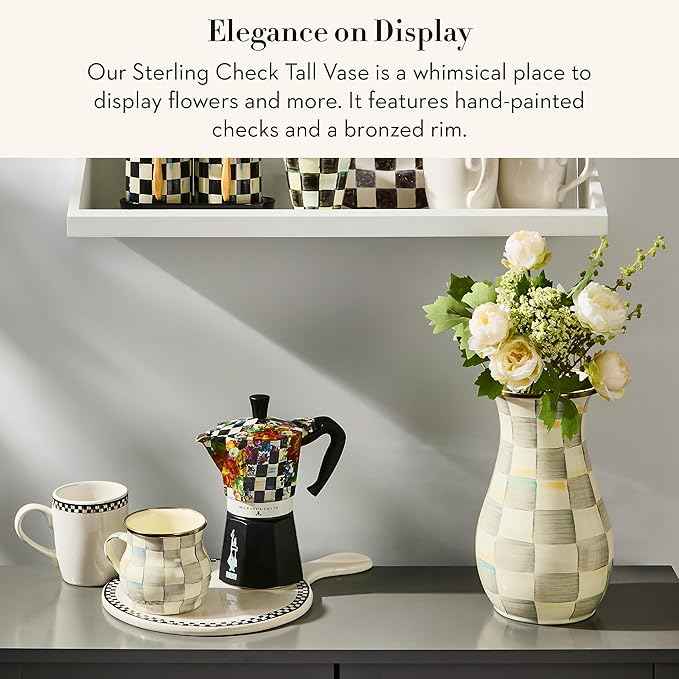 MACKENZIE-CHILDS Tall Enamel Vase, Unique Flower-Vase Decor for Living Room, Gray-and-White Sterling Check