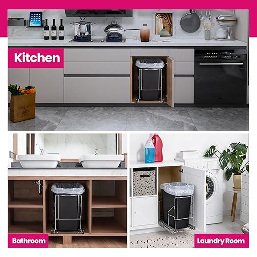 HOLDN’ STORAGE Pull Out Trash Can Under Cabinet - Trash Can Not Included - Dedicated Space for Disposable Trash Bags, Requires a 11” Cabinet Opening, Adjustable, Heavy Duty, Anti Rust Chrome Finish