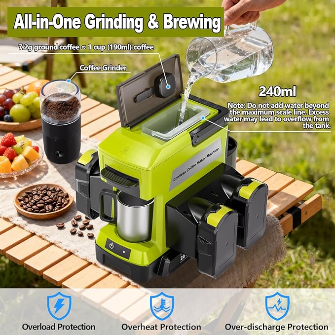Taingwei Cordless Coffee Maker for Ryobi 18V Battery, Portable Drip Coffee Maker with Electric Coffee Grinder for RV, Camping, Travel, Car, Hiking (Battery Not Included)
