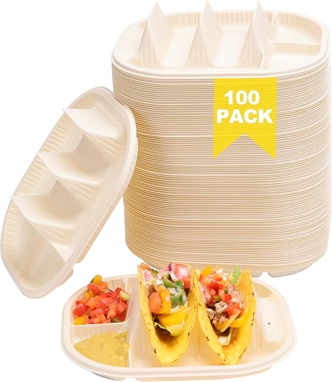 Small Disposable Taco Plates With Dipping Sides - 100 Pack, Biodegradable Cornstarch Taco Holder, Mini Size Fit 4-6 Inch Street Tortilla Shells, Sturdy & Microwave Safe, Bar Serving Set For A Party