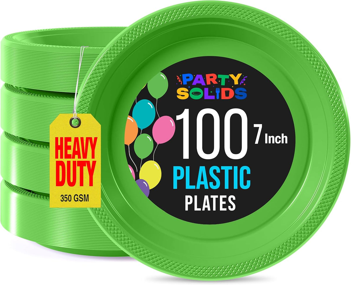 Exquisite Party Solids Lime Green Plastic Plates For Party 7" Lime Green Disposable Plates Heavy Duty Supplies 100 Pcs Plastic Dinnerware Sets Heavy Duty 350 GSM Disposable Dinnerware Set