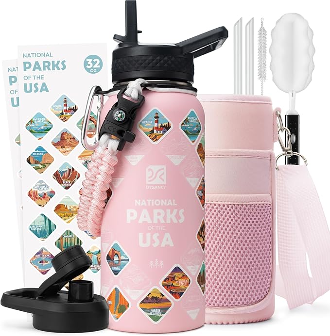 DYSANKY National Parks Water Bottle – 32 oz Insulated Stainless Steel Bottle with 63 Hand-Drawn Park Stickers, Carrier Bag, Strap & Gift Box – BPA-Free – Ideal for Hiking, Camping & Travel