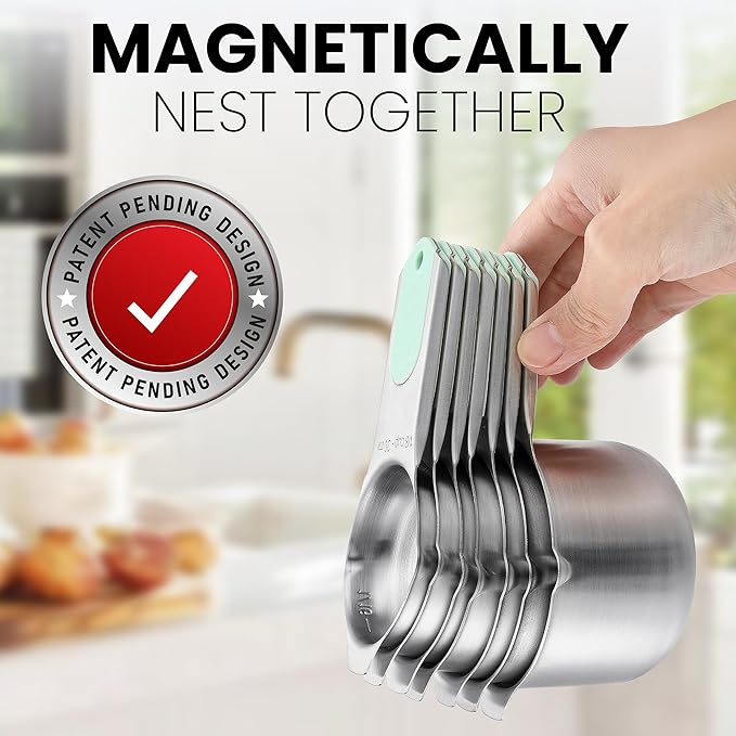 Spring Chef Stainless Steel Magnetic Measuring Cups, Set of 7 & Magnetic Measuring Spoons, Set of 8 with Leveler - 2 Product Bundle - Mint