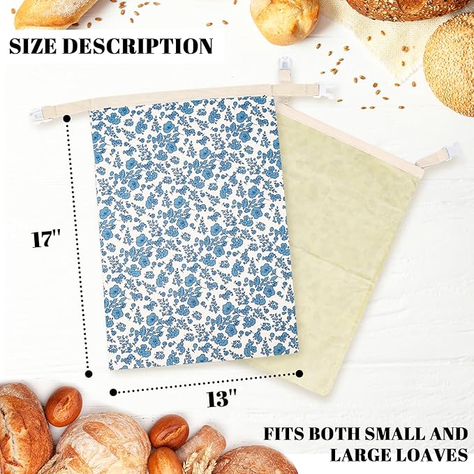2 Pack Beeswax Bread Bags - 17x13 Inch Reusable Bread Storage Bags,Bees Wax Lined Bread Bags for Home Cooks fresh bread storage Easy Clean (Blue Floral)
