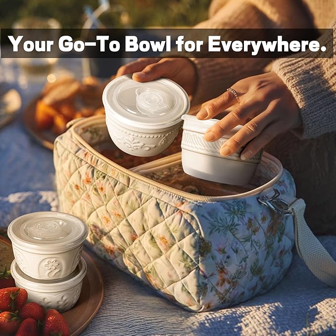 Artena Ramekins with Lids, Creme Brulee Ramekins Oven Safe, Ceramic Pudding Cups, Souffle Cups, Custard Cups, Dipping Sauce Cups, Food Storage Containers with Lids, Set of 4 (Pinwheel Flower, 4 oz)