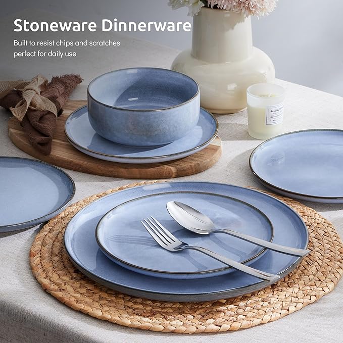 E-far 24-Piece Reactive Glaze Dinnerware Sets, Ceramic Dishes Set for 8, Stoneware Plates and Bowls Dinning Ware, Microwave & Dishwasher Safe - Ocean Blue