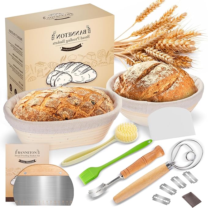 Artisan Sourdough Bread Proofing Baskets Set of 2 – Banneton Basket Kit with 9" Round & 10" Oval, 6 Accessories for Bread Baking