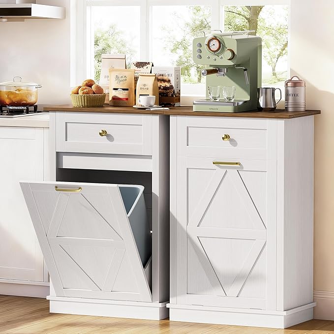 JUMMICO Tilt-Out Trash Can Cabinet, 10 Gallon Laundry Hamper Cabinets with Drawers, for Kitchen, Dining Room and Living Room (White, 1 Piece)