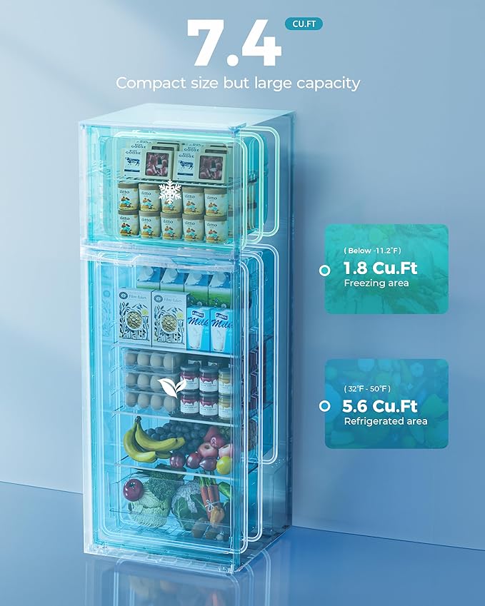 EUHOMY 7.4 Cu.Ft. Refrigerator with Freezer, 2 Door Fridge, Adjustable Thermostat，Large Capacity, Refrigerator for Kitchen/Dorm/Office/Apartment - Food Storage or Cooling drinks, Silver