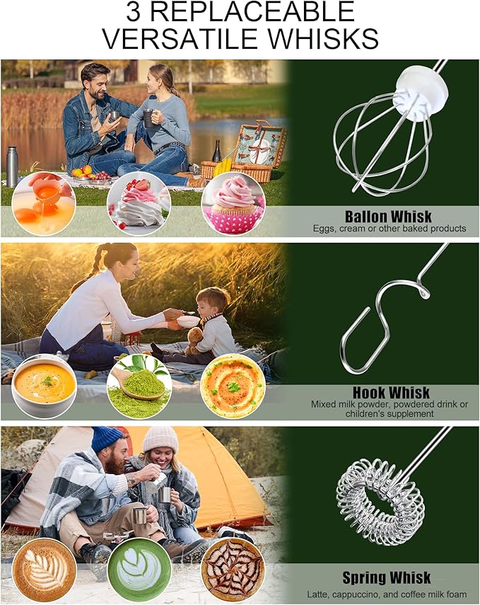 YUSWKO Rechargeable Milk Frother Handheld Frother Wand Drink Mixer for Coffee, Electric Whisk 3 Speed Adjustable, Coffee Foamer Maker with 3 Stainless Whisks Ideal Stirrers for Travel - White