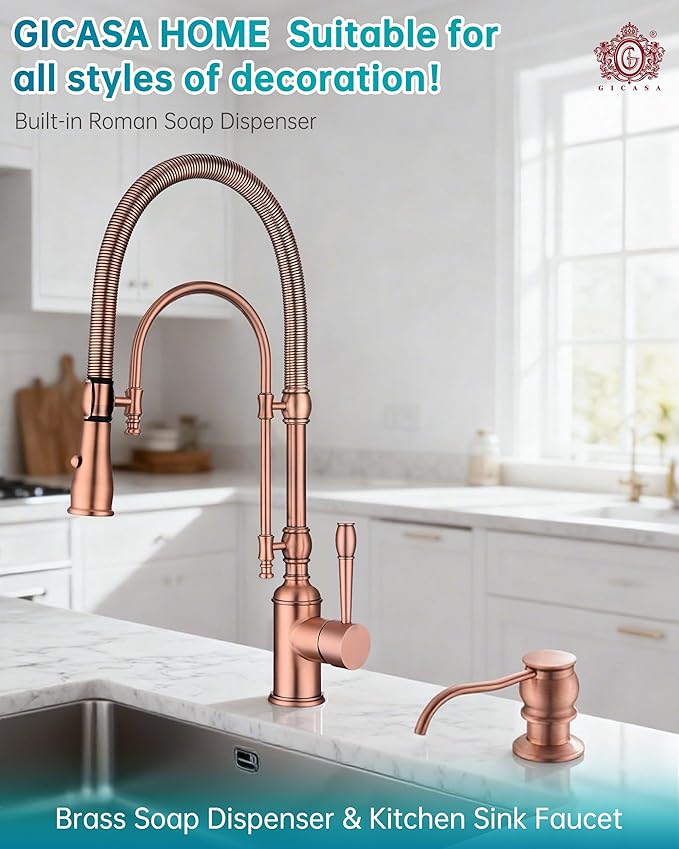 Brass Kitchen Soap Dispenser, Red Copper in Sink Liquid Dish Soap Dispenser with High Capacity 500ML （17oz） ABS Bottle, Under Sink Hand Metal Dispenser Pump