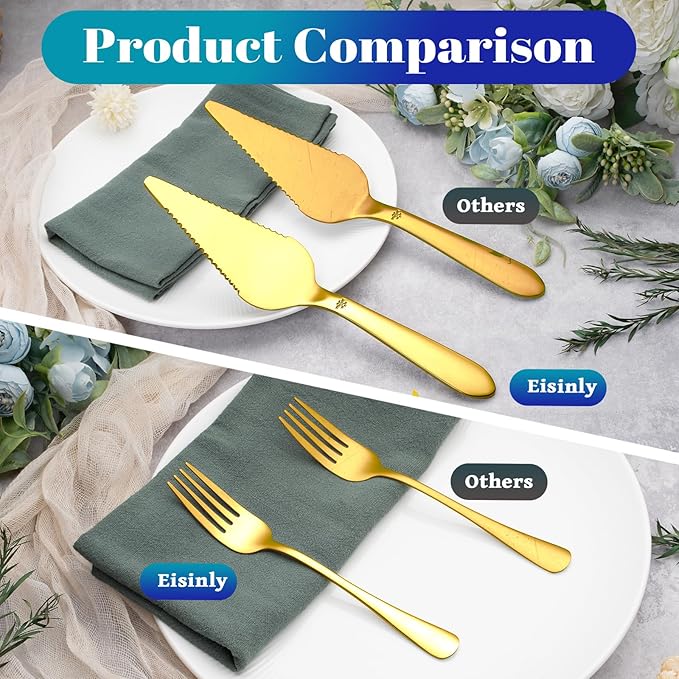 Eisinly 1 Pcs Cake Pie Server and 4 Forks Set for Wedding, Elegant Pizza Slicer Server Set with Stainless Steel Big Serrated Edges, Cake Cutter Pie Spatula for Birthday Anniversary, Gold