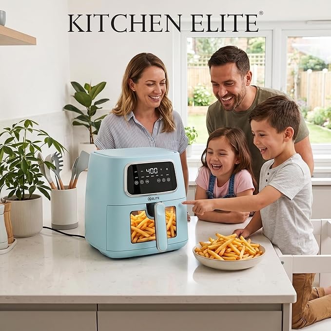 Kitchen Elite 5.5 Qt Compact Digital Air Fryer, 7-in-1 Small Airfryer with LED Screen, Nonstick Dishwasher Safe Basket, Space-Efficient Design, Blue