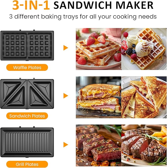 Sunvivi Pro Sandwich Maker Panini Press Grill, 3 in 1 Electric Waffle Maker with Removable Non-stick Plates, with Glass Top, Cool Touch Handle & Easy to Clean, 850W