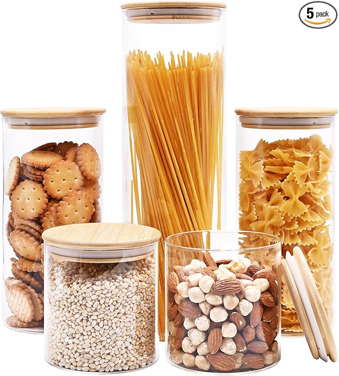 SHOWIN Glass Food Storage Jars, Glass Jars with Bamboo Lids, Kitchen Storage Jars, Canisters with Airtight Lids for Spice, Coffee, Cookie, Set of 5, Pantry Organizers