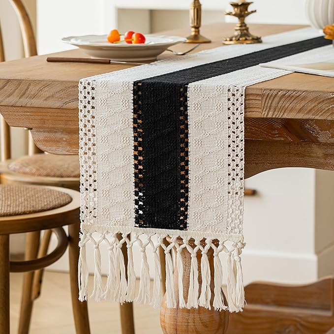FEXIA Boho Table Runner for Home Decor with Tassels 48 Inches Long,Black Farmhouse Rustic Table Runner Macrame Burlap Table Decoration for Living Room Bridal Shower(12x48 Inches)