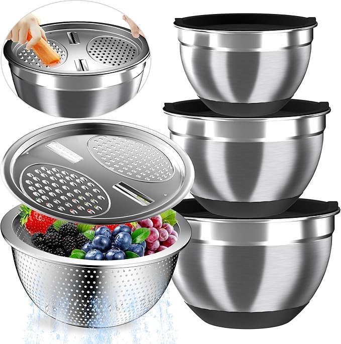 Nicdiet Mixing Bowls with Airtight Lids, Stainless Steel Mixing Bowl Set with 3 Metal Nesting Bowls, Colander & Grater, Non-Slip Bottoms, Size 1.5, 2.5, 5 QT, Great for Mixing & Serving, Black