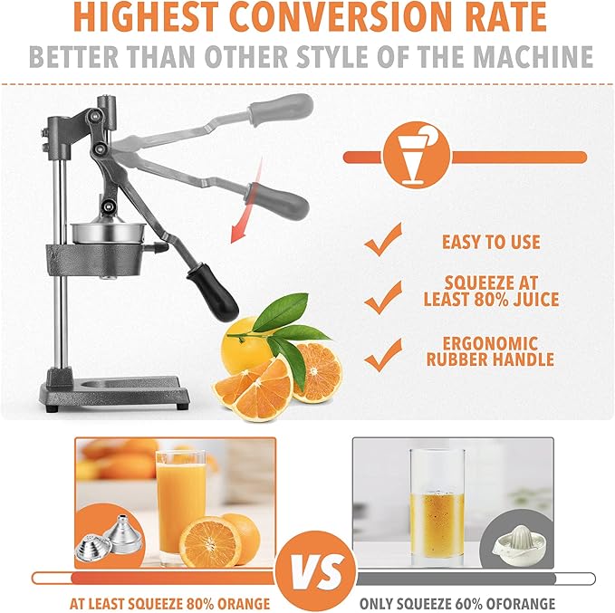 19 Inch Height Extra Tall Commercial Heavy Duty Cast Iron Hand Press Manual Orange Citrus Lemon Lime Grapefruit Pomegranate Fruit Juice Squeezer Machine with Stainless Steel Cup Grey