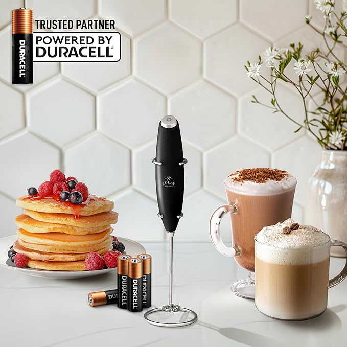 Zulay Kitchen Powerful Milk Frother Wand With 4 AA Duracell Batteries - Ultra Fast Handheld Drink Mixer - Electric Whisk Foam Maker for Coffee, Lattes, Cappuccino, Matcha & Creamer - Metallic Black