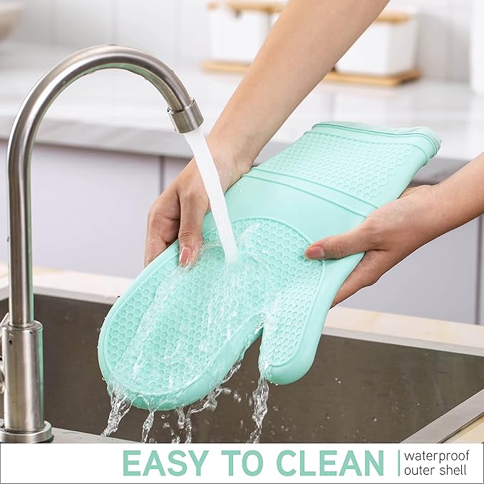 COOK WITH COLOR Silicone Oven Mitts- Heat Resistant Gloves with Soft Quilted Lining Oven Mitt Pot Holders for Cooking and BBQ, Mint, Mitt Set
