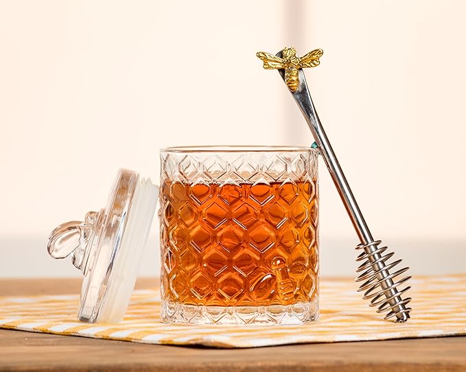 Abbott Collection Honeycomb Jar with Bee on Sealed Lid - Glass/Silicone, Clear (7.5" H)