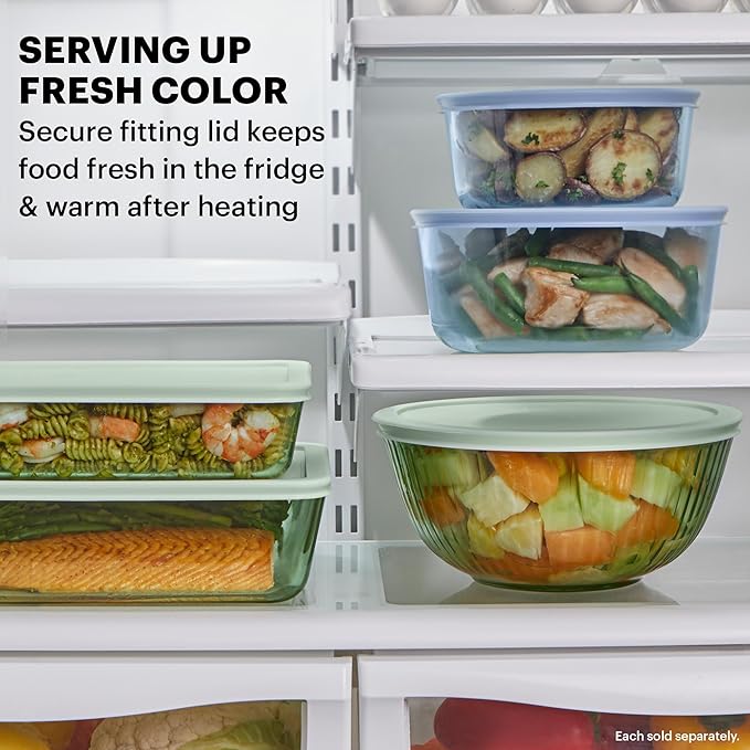 Pyrex Colors (2-Pack) Sculpted Tinted Small/Medium Glass Mixing Bowls With Plastic Lids, Nesting Space Saving Set of Bowls For Prepping and Baking, 1.3QT & 2.3QT