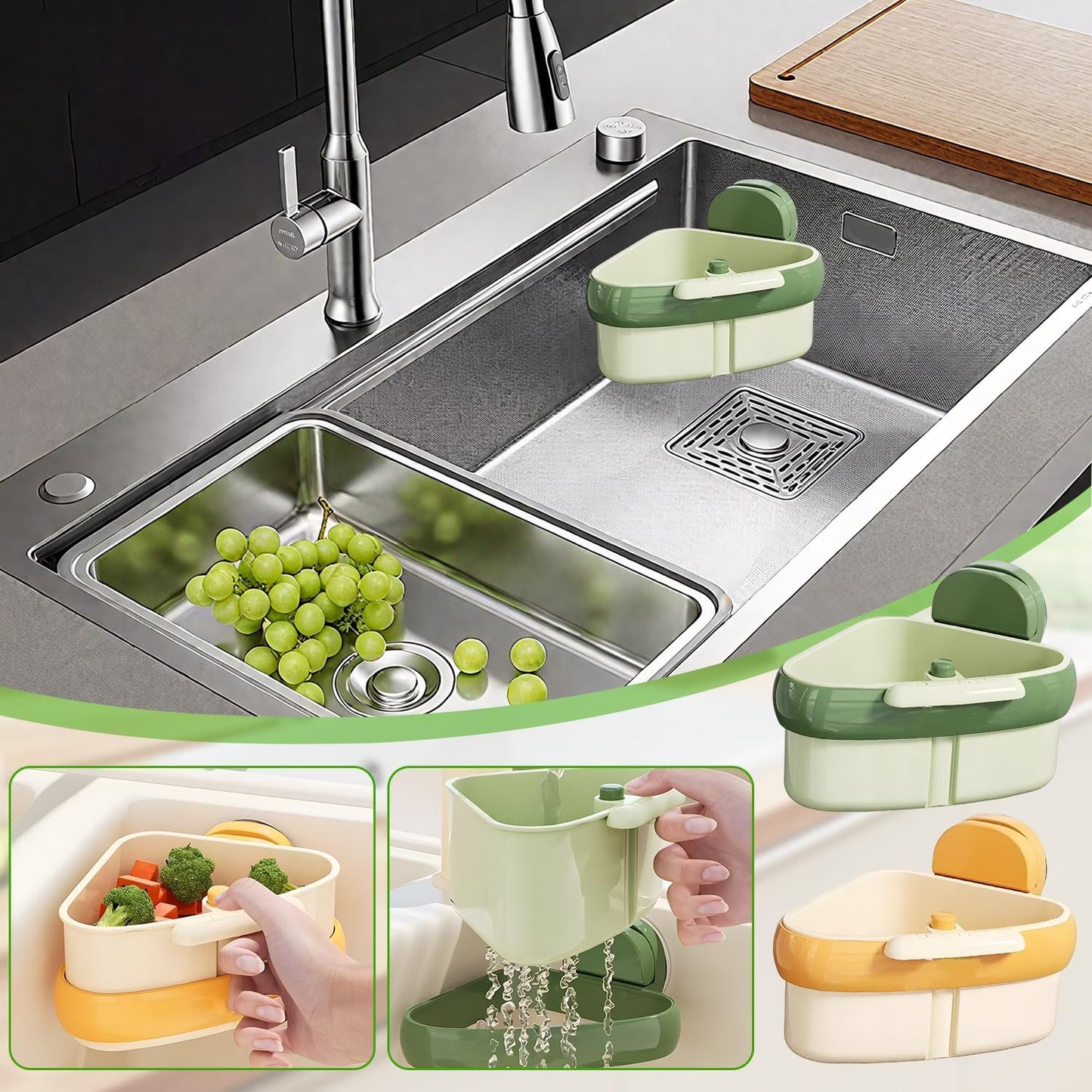 Suction Cup Sink Corner Rack, 2025 New Upgraded Suction Cup Press Triangular Drainer Basket, Automatic Dumping Sink Strainer Basket, Hanging Corner Sink Trash Catcher for Kitchen Food Waste (Orange)