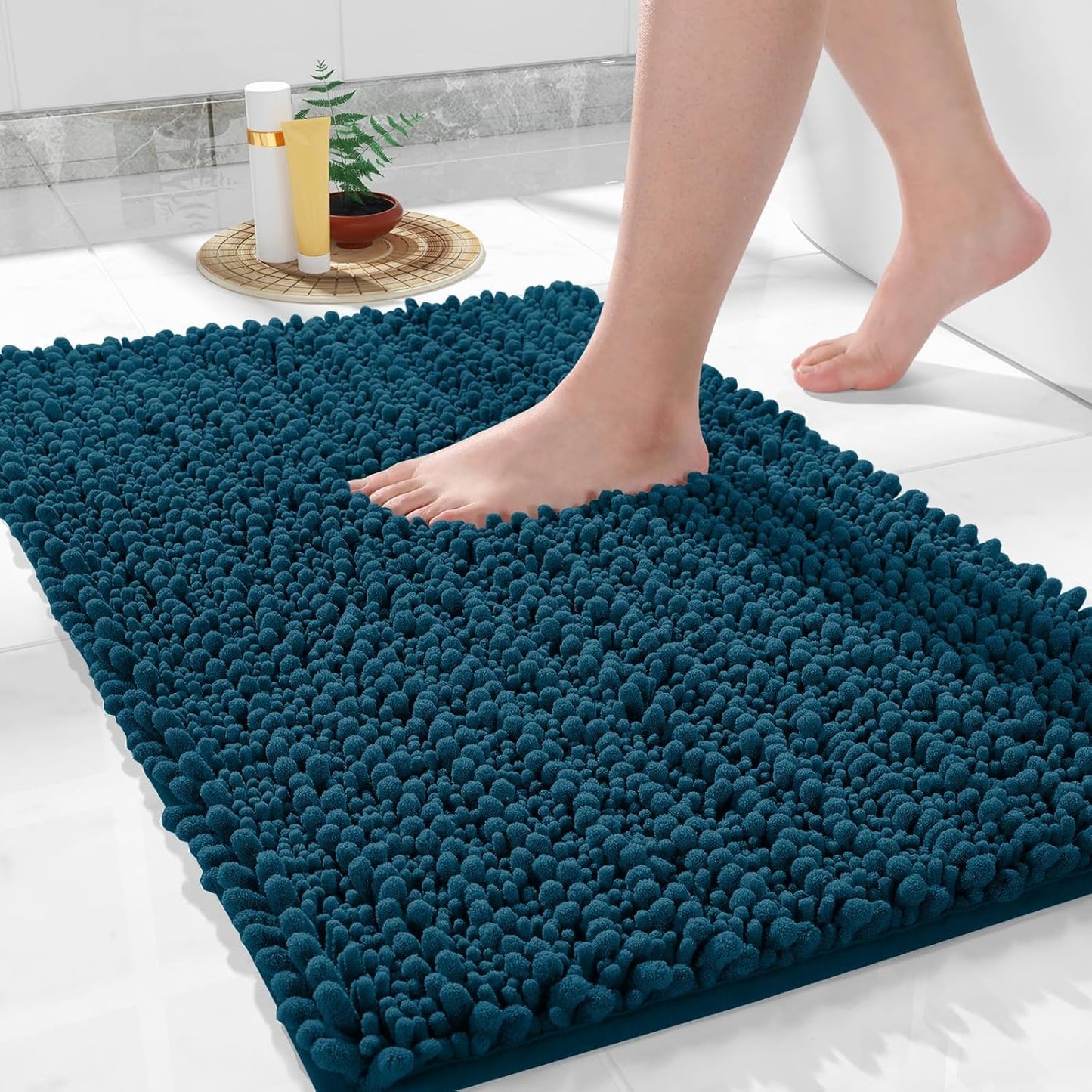 Yimobra Bathroom Rugs Non Slip Washable 32x20 Inch - Ultra Soft Absorbent Chenille Bath Mat, Quick Dry Shaggy Floor Carpet for Tub Shower, Peacock Blue Home Decor Accessories