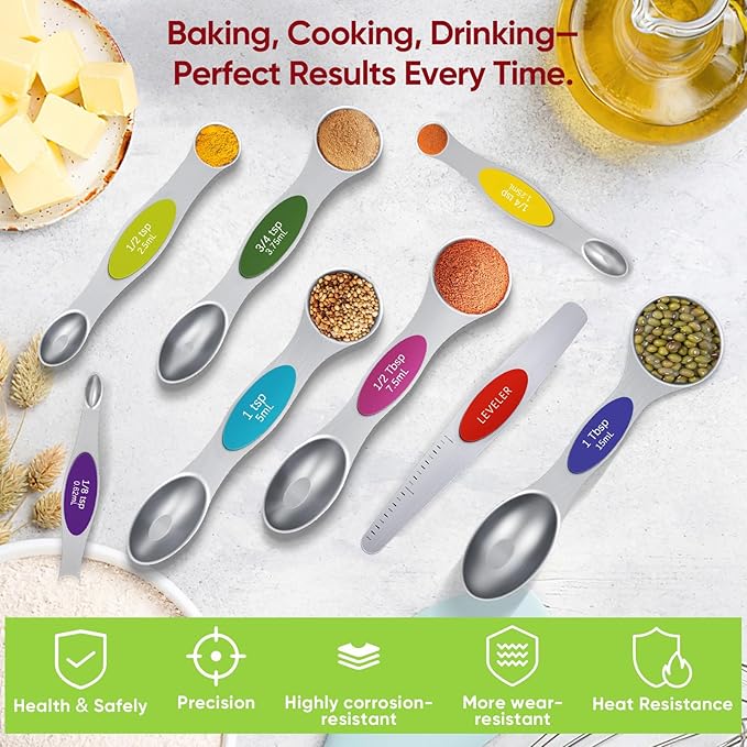 Magnetic Measuring Spoons Set with Strong N45 Magnets, Heavy Duty Stainless Steel Metal, Fits in Most Kitchen Spice Jars for Baking & Cooking, BPA Free, Multicolor