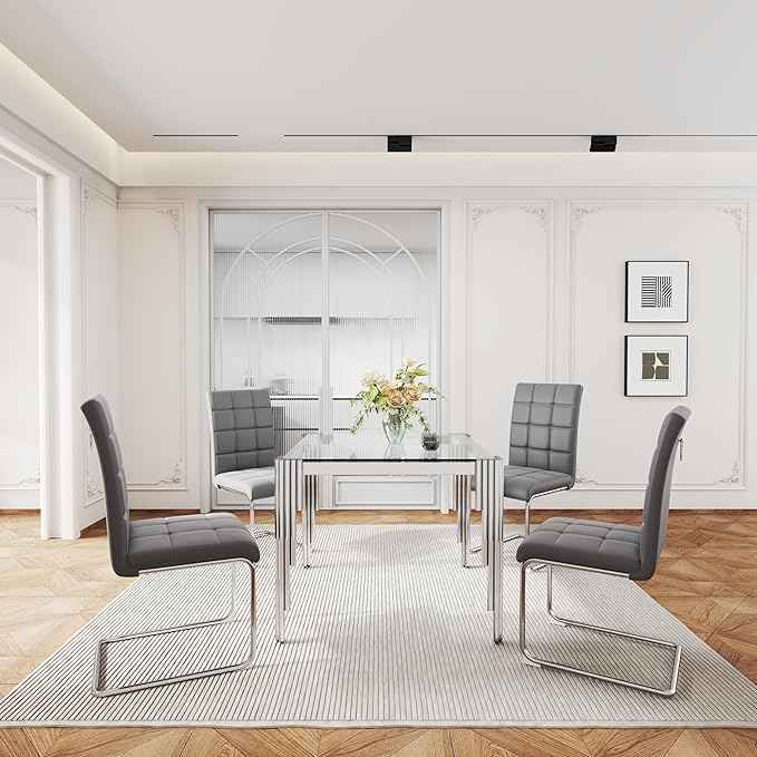 AF ARTISAN FURNITURE 37'' Square Glass Dining Table Set for 4, Kitchen Table Chairs Set of 4, Clear Silver Glass Dining Tables with Stainless Steel Legs, 4 Grey PU Dining Chairs, Living Room, Kitchen