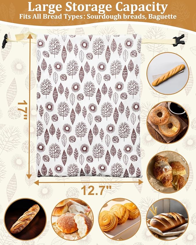 Reusable Beeswax Bread Bags with Zipper, Sourdough Bread Storage Bags for Homemade, Keep Bread Fresh, Natural Beeswax & Cotton Liner, Freezer-Safe Baguette Bag 17"×13", 2 Pack