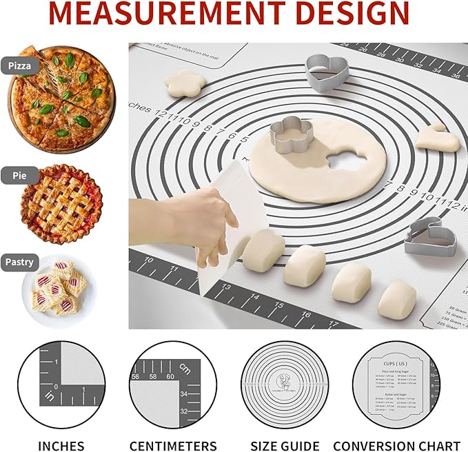 Silicone Baking Mat with Measurement, Non Stick Siliocne Pastrty Mat for Dough Rolling, Making Cookies, Macarons, Bread, Cake and Candy Reusable Fondant Mat Baking Supplies