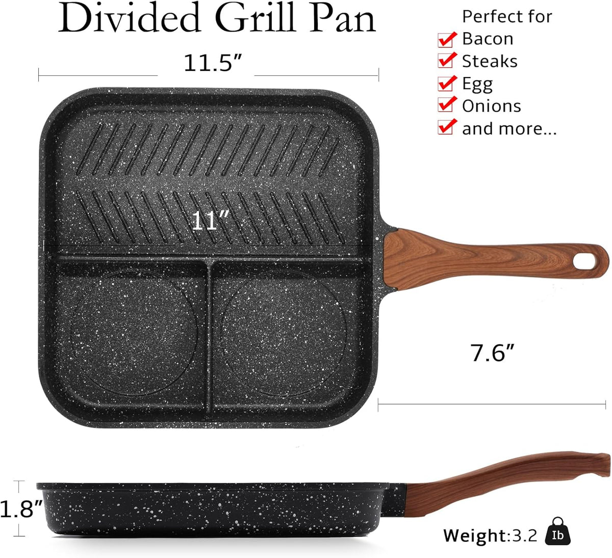 ESLITE LIFE 11 Inch Nonstick Divided Grill Pan with Lid for Indoor Cooking, Versatile 3-In-1 Induction Large Breakfast Pan for Stove Tops, PTFE & PFOA Free, Black