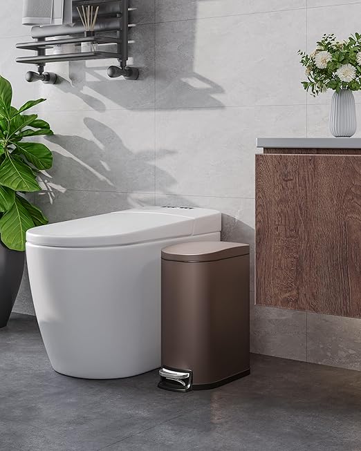 GarveeHome 2.6 Gallon Bathroom Trash Can, Space-Saving Slim Stainless Steel Step-On Garbage Bin with Soft Close Lid, Removable Inner Bucket for Bathroom & Bedroom,Brown